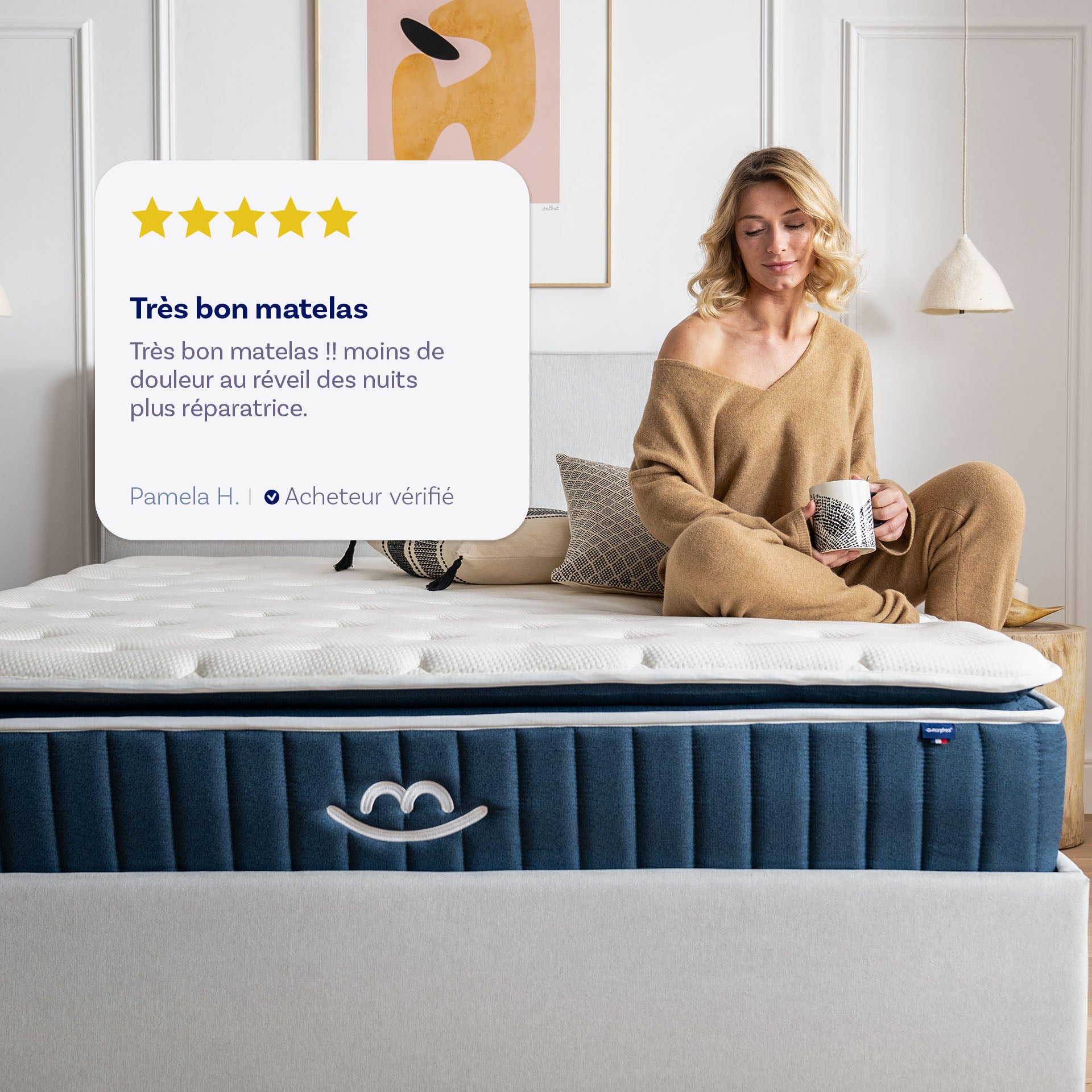 Avis d'une cliente appelée Pamela H. Matelas hybride luxe Victoria - mémoire de forme : "Très bon matelas !! Moins de douleur au réveil des nuits plus réparatrices."