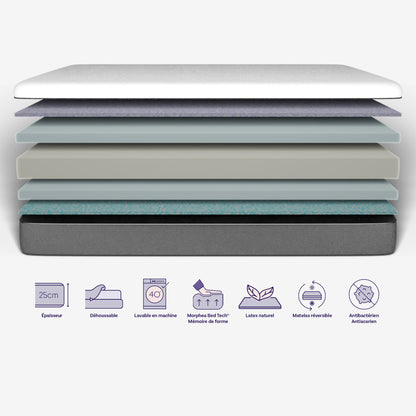 Packshot découpé des différentes couches du Matelas latex et mousse à mémoire de forme Gaia - 25cm