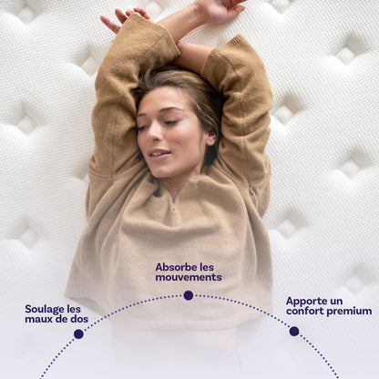 Les bénéfices clés du Matelas hybride luxe Victoria - mémoire de forme :
Soulage les maux de dos
Absorbe les mouvements 
Apporte un confort premium